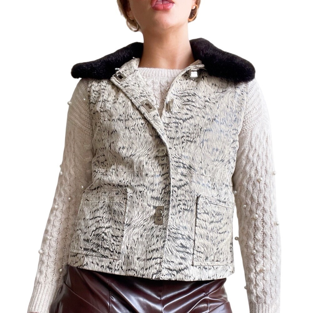 Vintage 90s Boho Chic Animal Print Faux Fur Collar Leather Toggle Button Vest